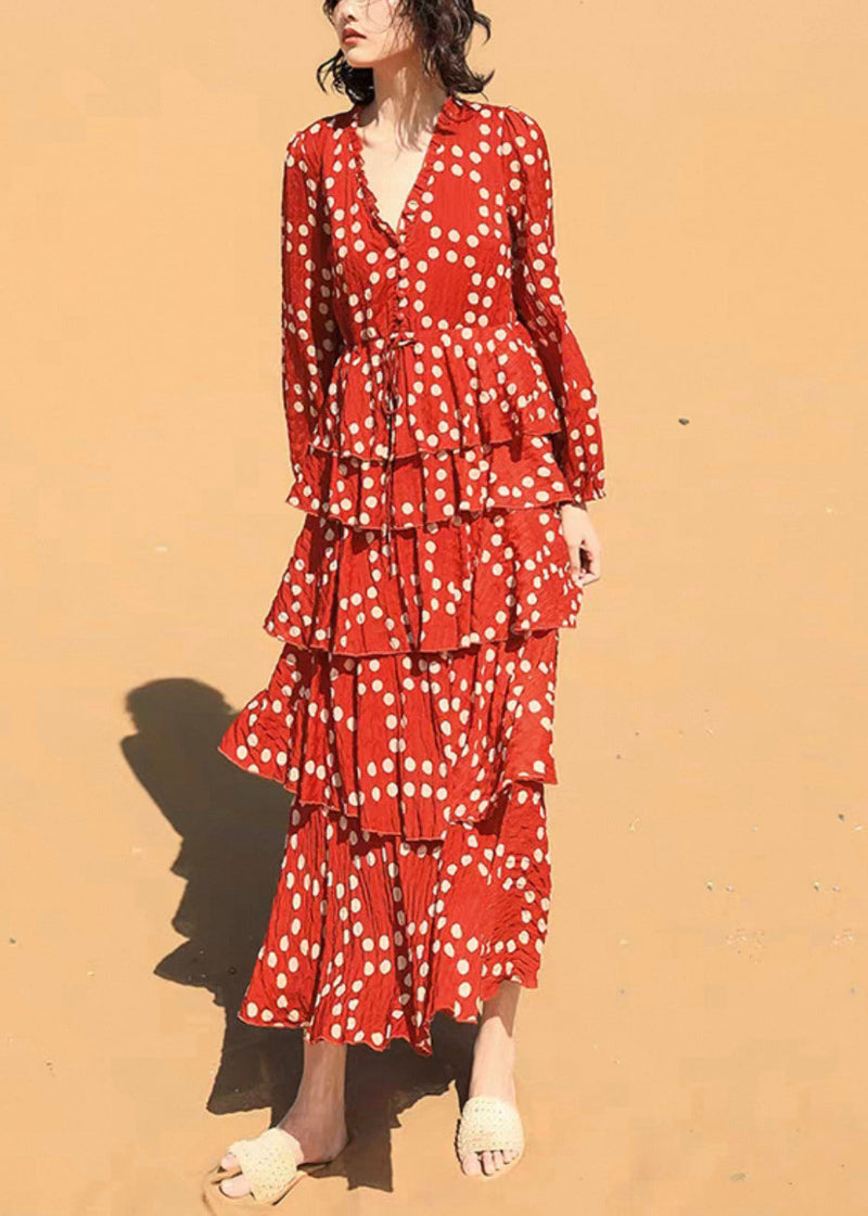 Red Ruffled Dot Chiffon Long Dresses Spring