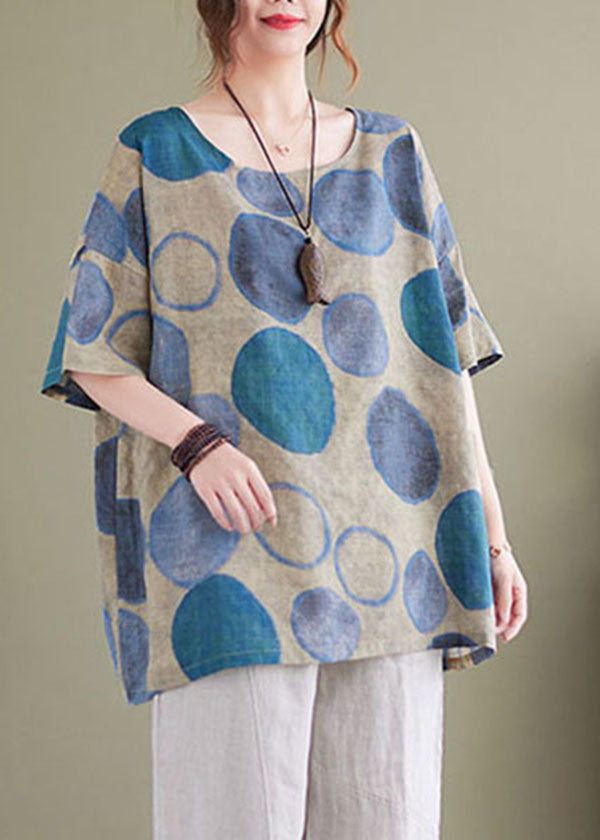 Blue O-neck Print Linen Tank Tops for Short Sleeve