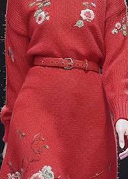Vogue Red Turtleneck Sashes Cotton Knit Long Sweater Dress Winter
