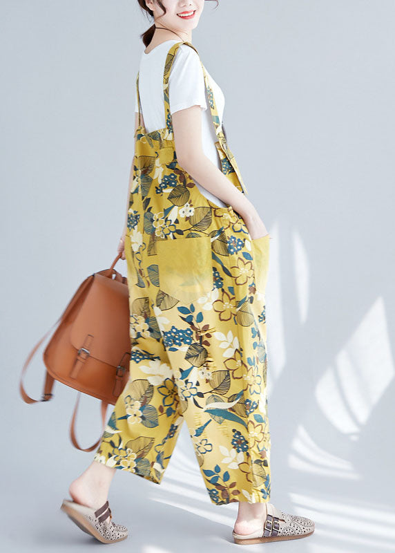 Yellow Pockets Print Denim Crop Wide Leg Jumpsuit Spring