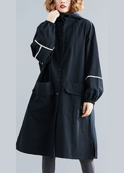 Classy Black Button Pockets Loose Fall Long Sleeve Hooded Coat