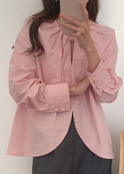 Pink O-neck Chinese Button Cotton Shirt Top Spring