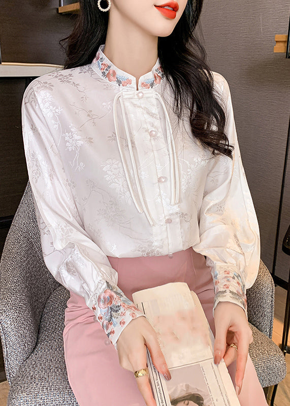 White Stand Collar Embroidered Silk Shirts Long Sleeve