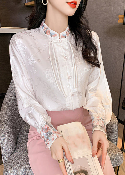 White Stand Collar Embroidered Silk Shirts Long Sleeve
