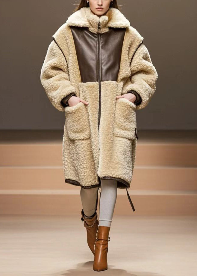 Beige Oversized Patchwork Warm Fleece Coats Winter