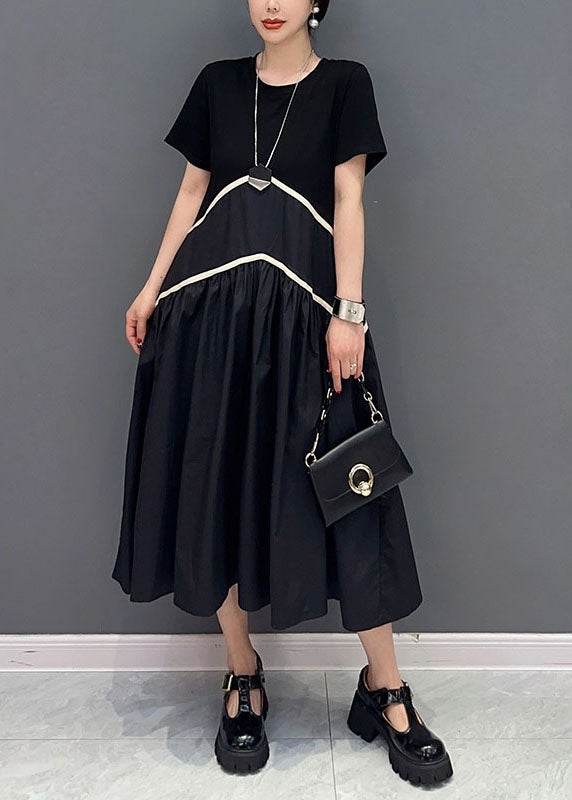 Modern Black O-neck Patchwork Cotton Long Dress Spring