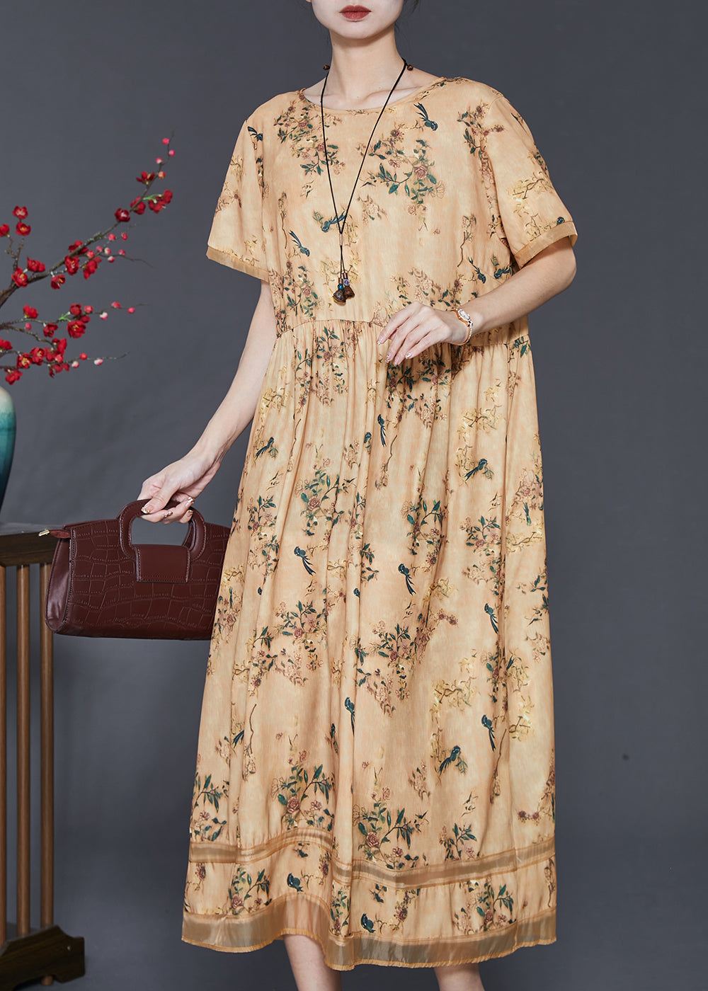 Yellow Print Exra Large Hem Silk Dresses Summer
