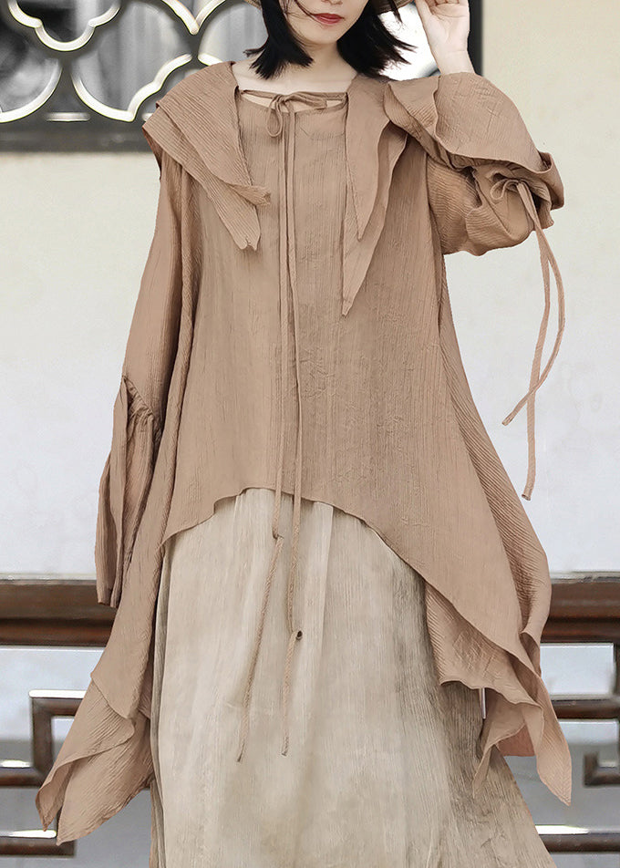 Khaki Asymmetrical Lace Up Cotton Upf 50+ Shirt Flare Sleeve