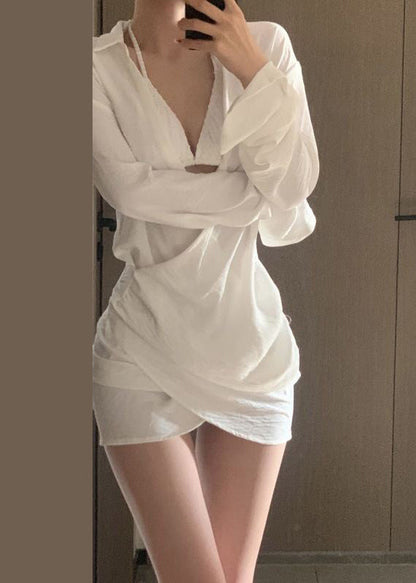 White V Neck Cotton Shirts Dress Fall