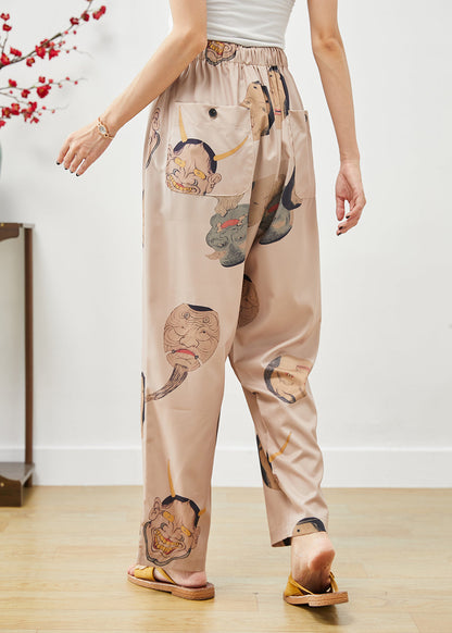 Khaki Elastic Waist Monsters Print Silk Pants Fall