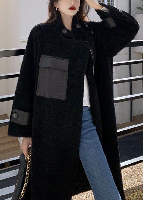 Black Pockets Zippered Patchwork Teddy Coats Fall