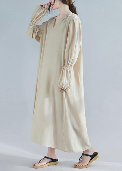 V Neck Spring Clothes Tunic Khaki Maxi Dress