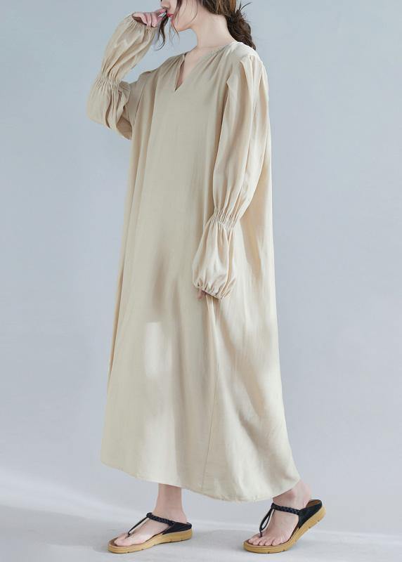 V Neck Spring Clothes Tunic Khaki Maxi Dress
