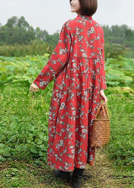 Stand Collar Large Hem Spring Clothes Red Print Long Dresses