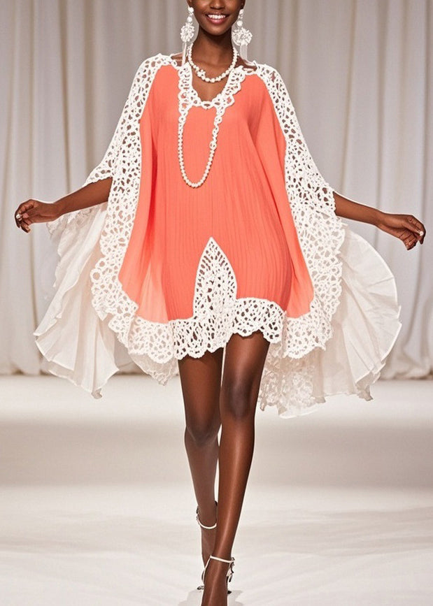 Art Orange Hollow Out Chiffon Patchwork Dresses Half Sleeve