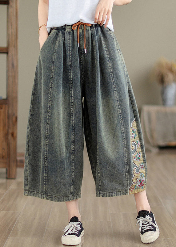 Chinese Style Blue Tie Waist Patchwork Crop Jeans