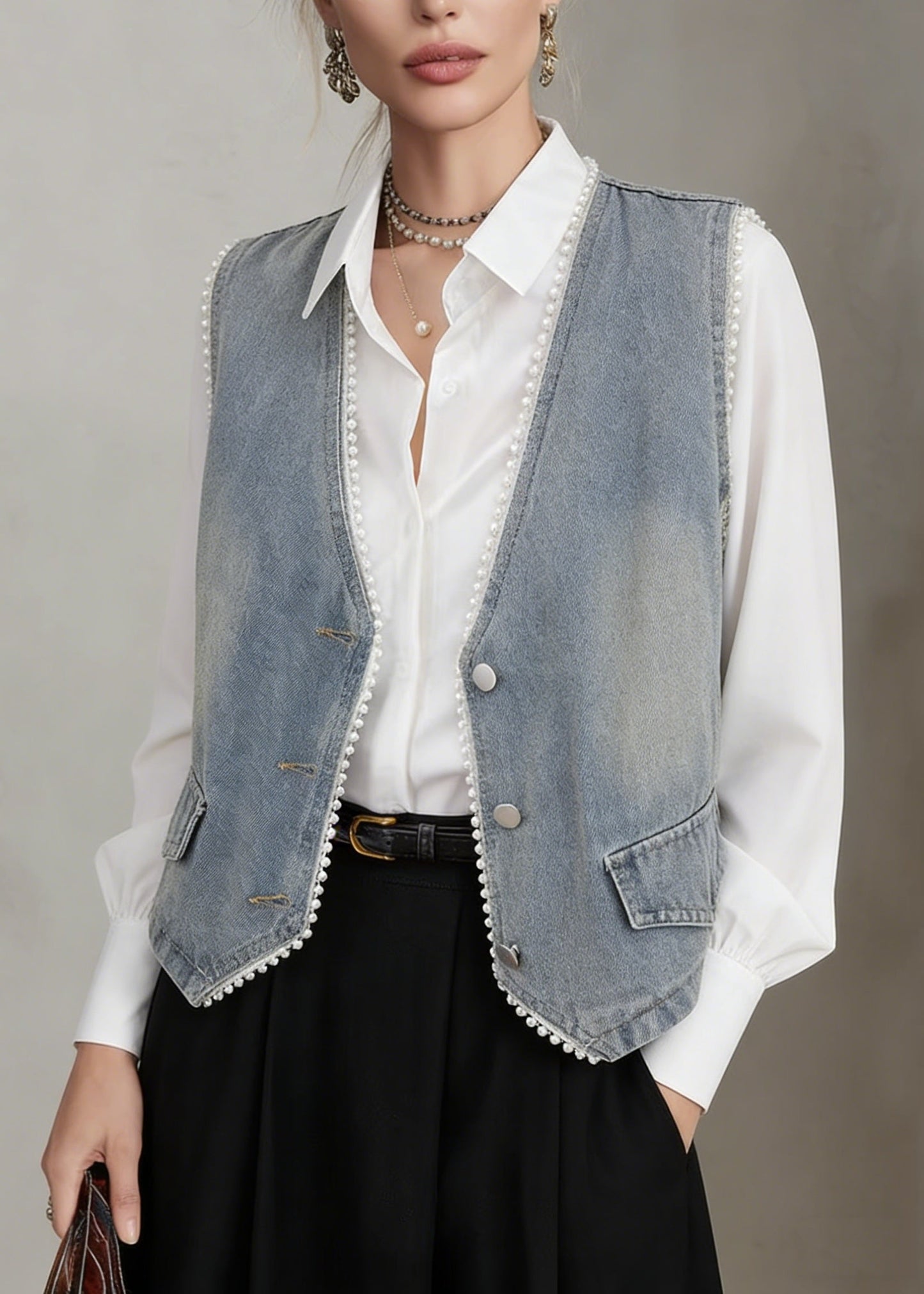 Blue V Neck Pearl Edge Patchwork Denim Vest Sleeveless
