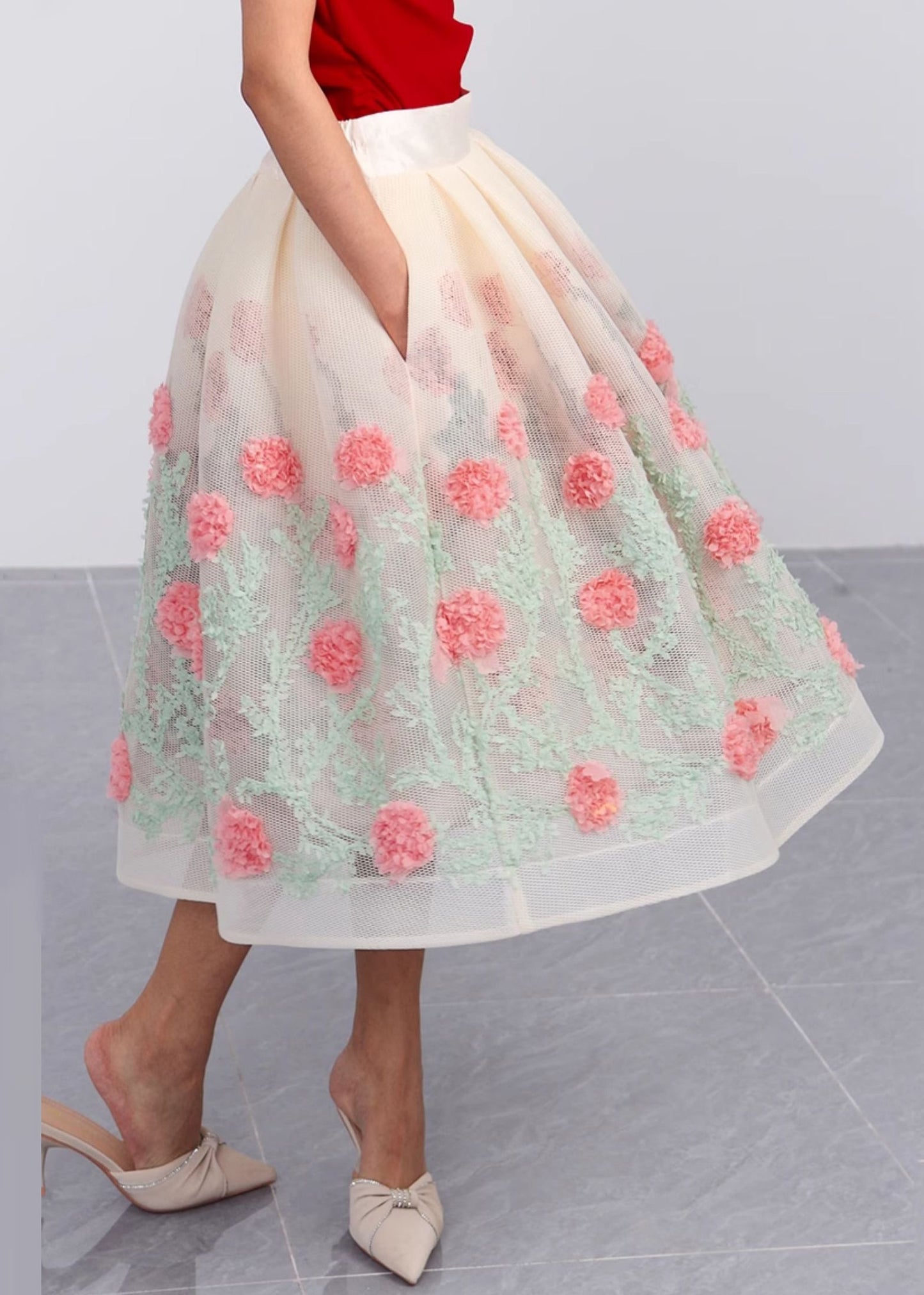 Hollow Out Pockets Patchwork Tulle Skirt Summer