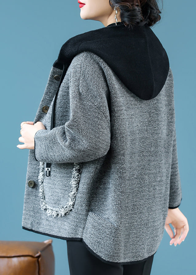 Coffee Drawstring Button Hooded Woolen Hooded Coats Fall