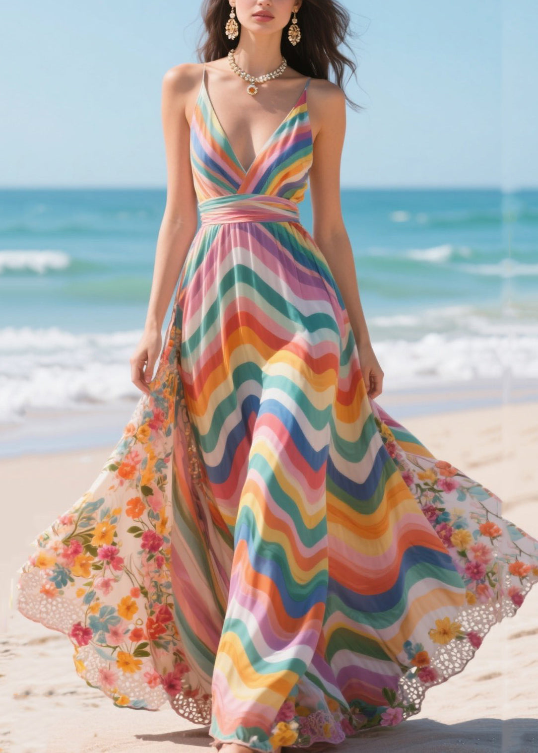 Rainbow Patchwork Exra Large Hem Chiffon Mini Dress Summer