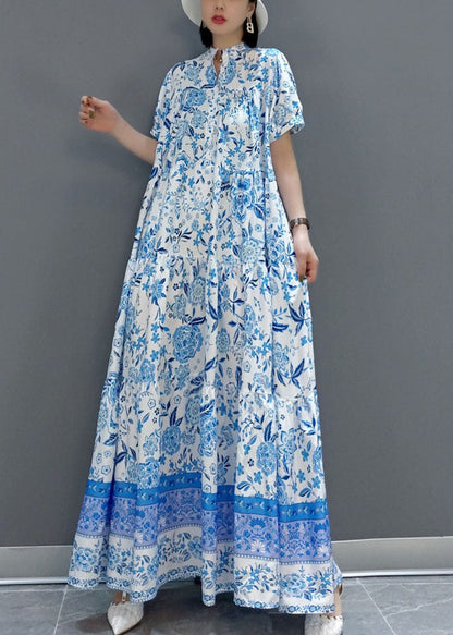 Blue Wrinkled Chiffon Long Dress Short Sleeve Summer