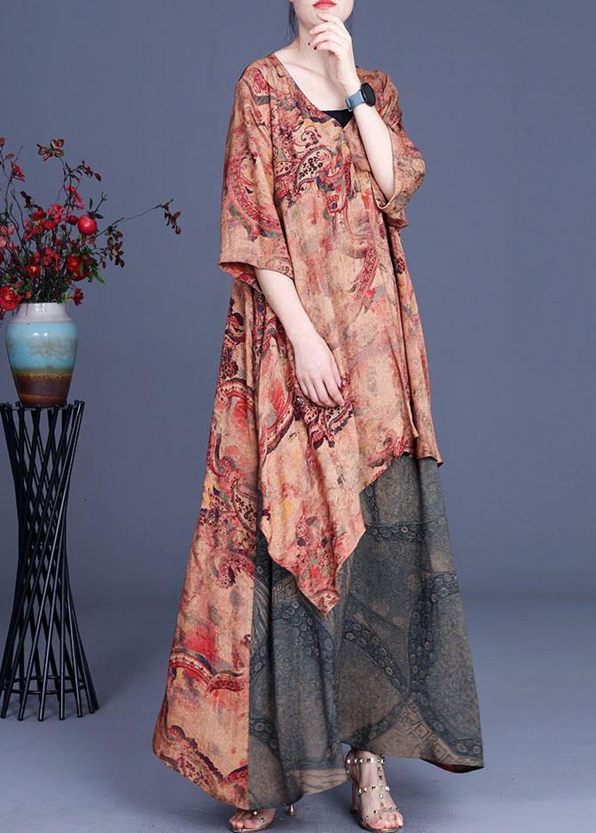 French Orange Asymmetrical V Neck Print Summer Silk Summer Dress Half Sleeve