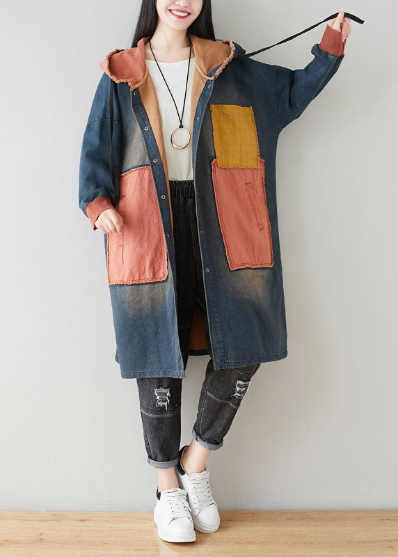 Blue Pockets Patchwork Hooded Coats Spring