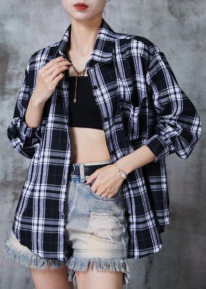 Black Oversized Plaid Cotton Shirt Top Fall