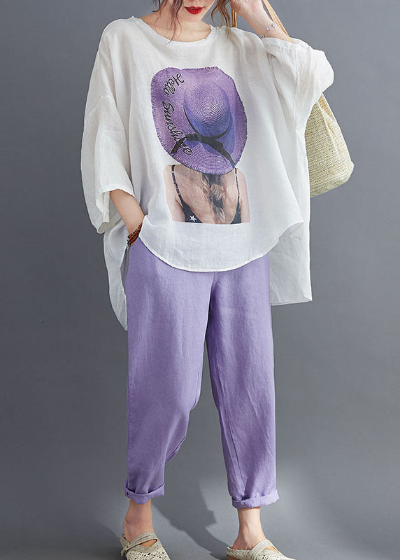Purple Asymmetrical Design Print Cotton Two Pieces Set Summer