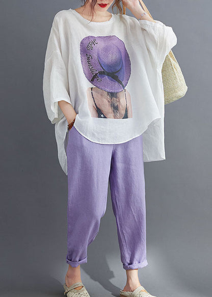 Purple Asymmetrical Design Print Cotton Two Pieces Set Summer