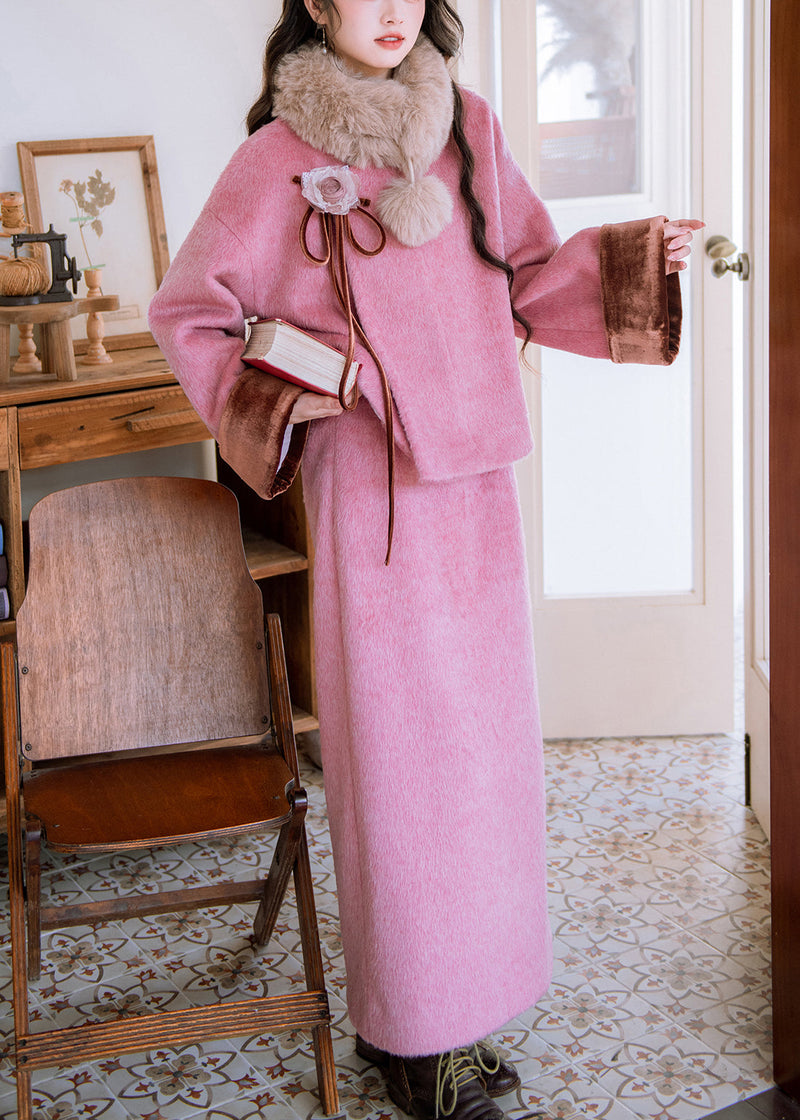 Pink Fur Collar Coat Side Open and Skirts Woolen Two Pieces Set Winter