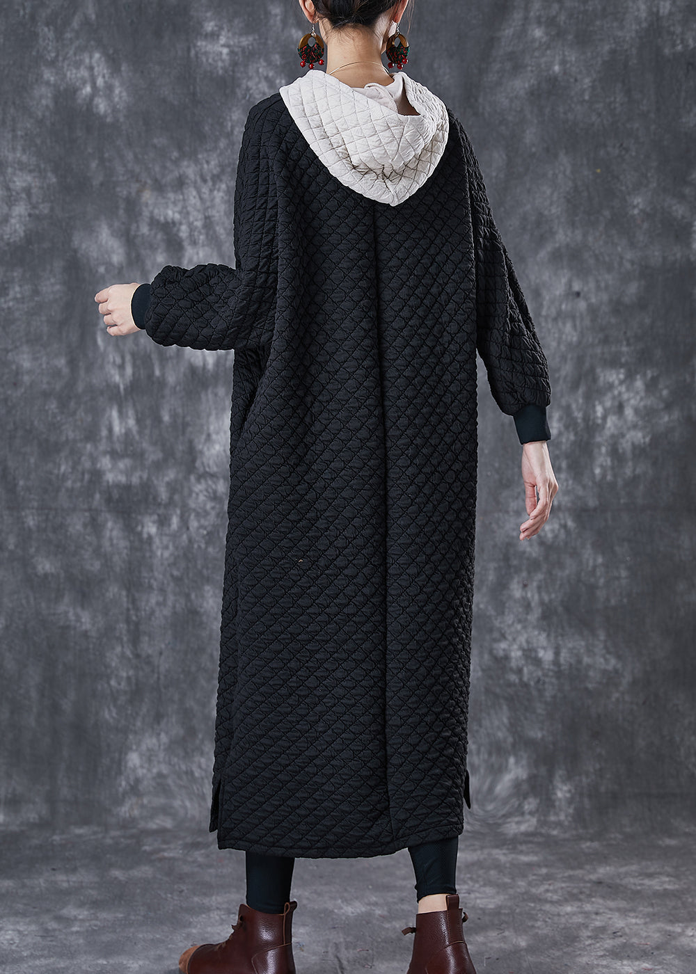 Black Hooded Patchwork Fine Cotton Filled Dress Winter