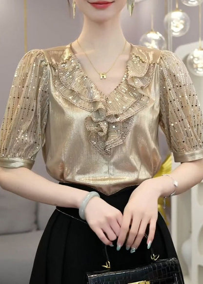 Champagne Ruffled Patchwork Silk Top Short Sleeve