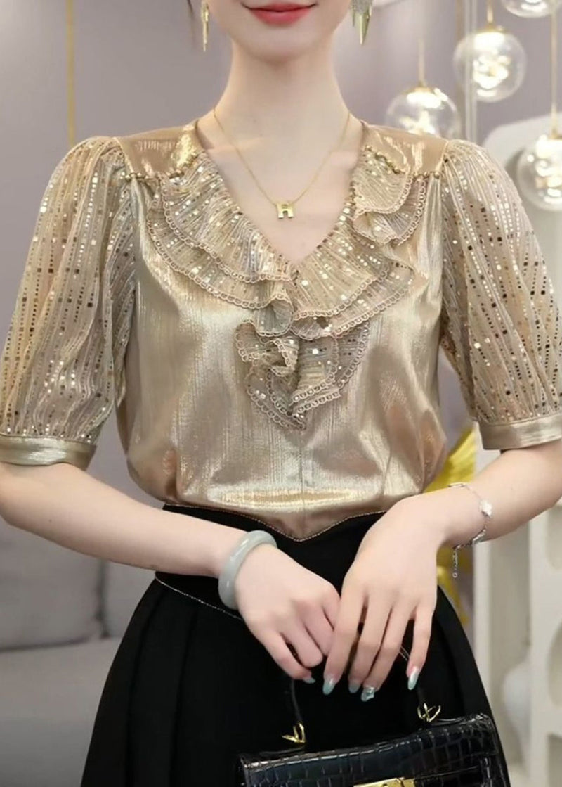 Champagne Ruffled Patchwork Silk Top Short Sleeve