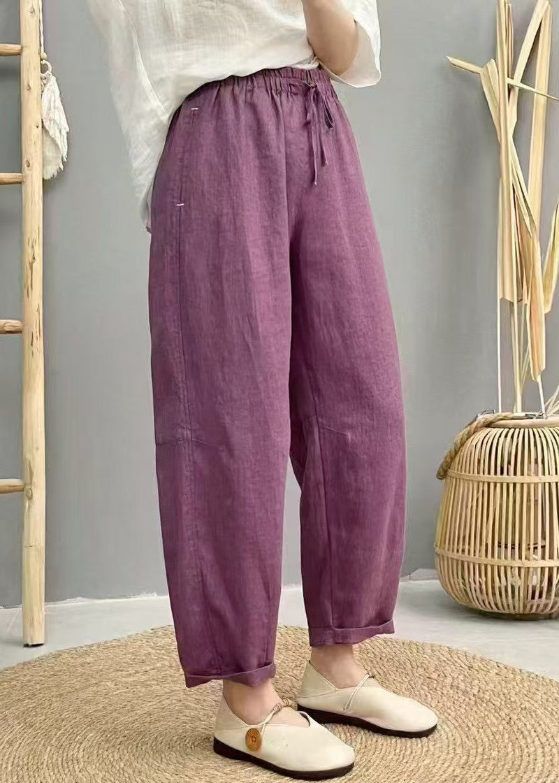 Purple Oversized Elastic Waist Linen Harem Pants Summer