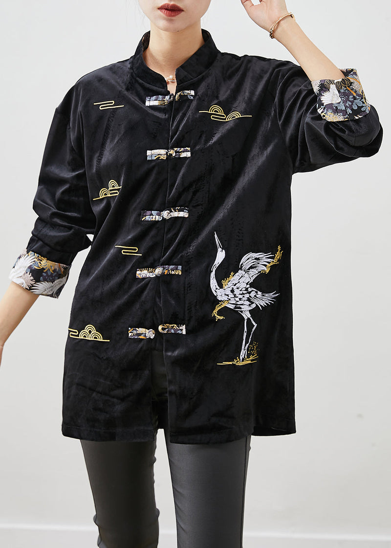 Black Embroideried Chinese Button Silk Velour Jackets Fall