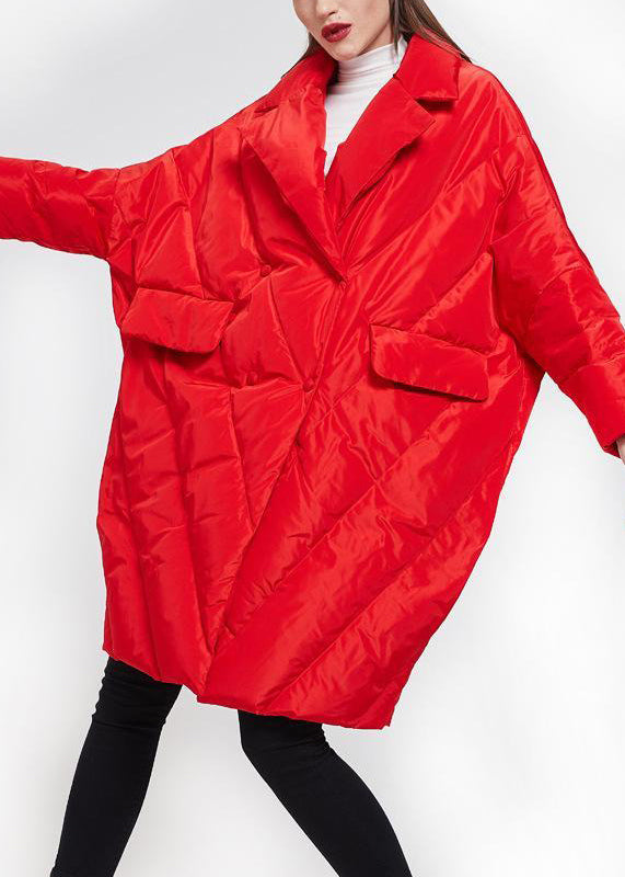 Red Peter Pan Collar Button Duck Down Coat Long Sleeve