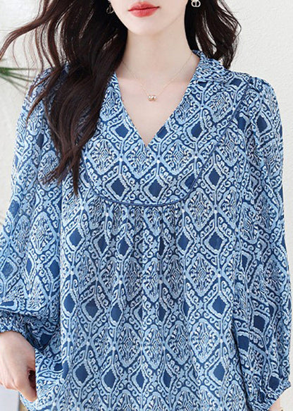 Blue V Neck Geometric Print Chiffon Blouse Top Lantern Sleeve