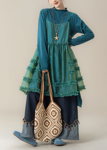 Blue Ruffled Spaghetti Strap Dress T Shirt and Pants Three Piece Suit Set Spring