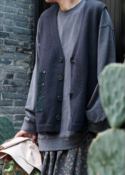 For Spring Blue Spring V Neck Button Down Knitted Coat