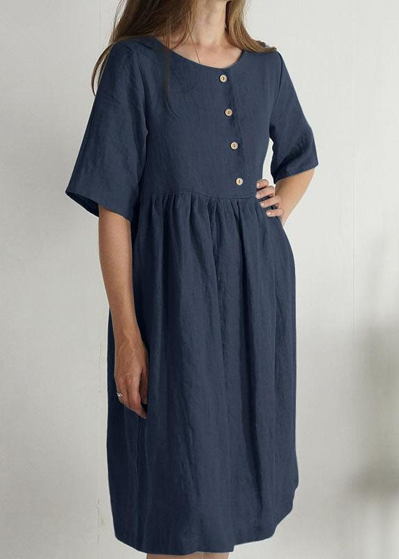 Green O Neck Pockets Wrinkled Patchwork Linen Dress Summer