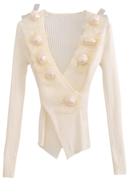 Simple Beige V Neck Knit Top Spring