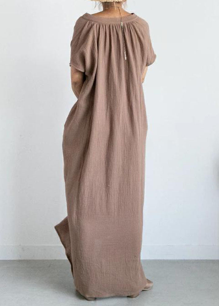 Khaki V Neck Patchwork Cotton Ankle Dresses Summer