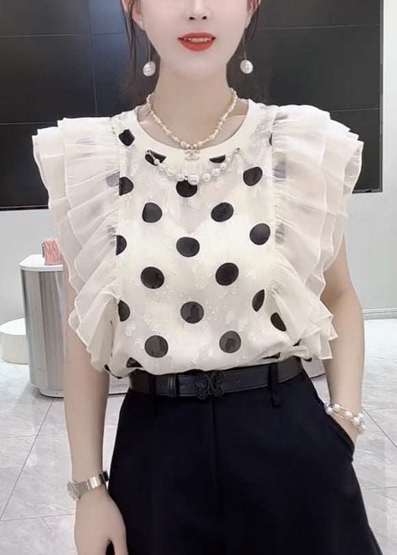 New Black O-neck Ruffled Print Chiffon Tops Summer