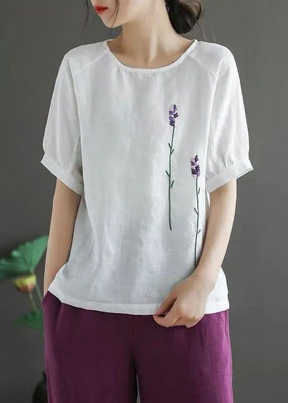 Organic White O-neck Embroideried Linen Tank Tops Short Sleeve