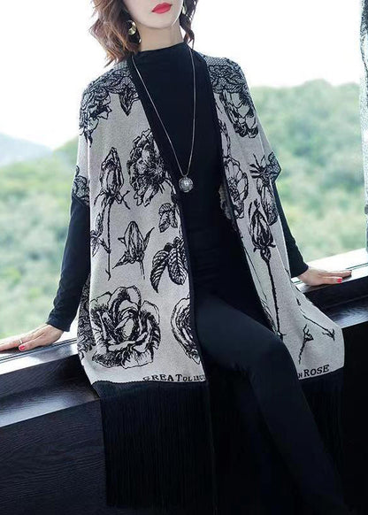 Grey V Neck Tasseled Print Patchwork Knit Coats Fall