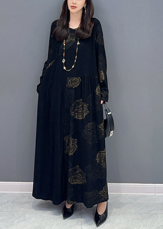 Fine Black O Neck Patchwork Cotton Long Dress Fall