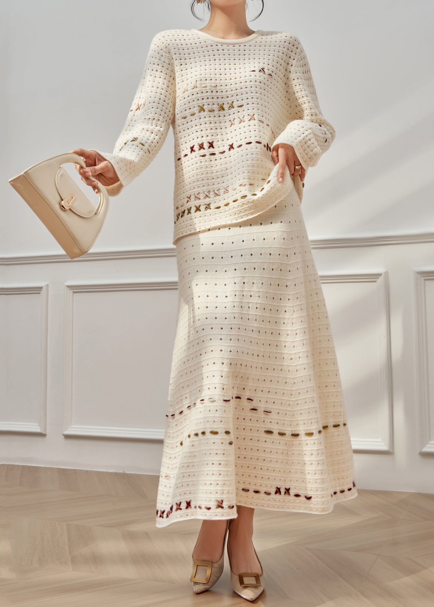 French Beige Hollow Out Sweaters and Skirts Knit Two Pieces Set Fall