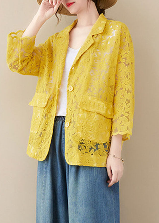 Yellow Button Peter Pan Collar Lace Coat Long Sleeve