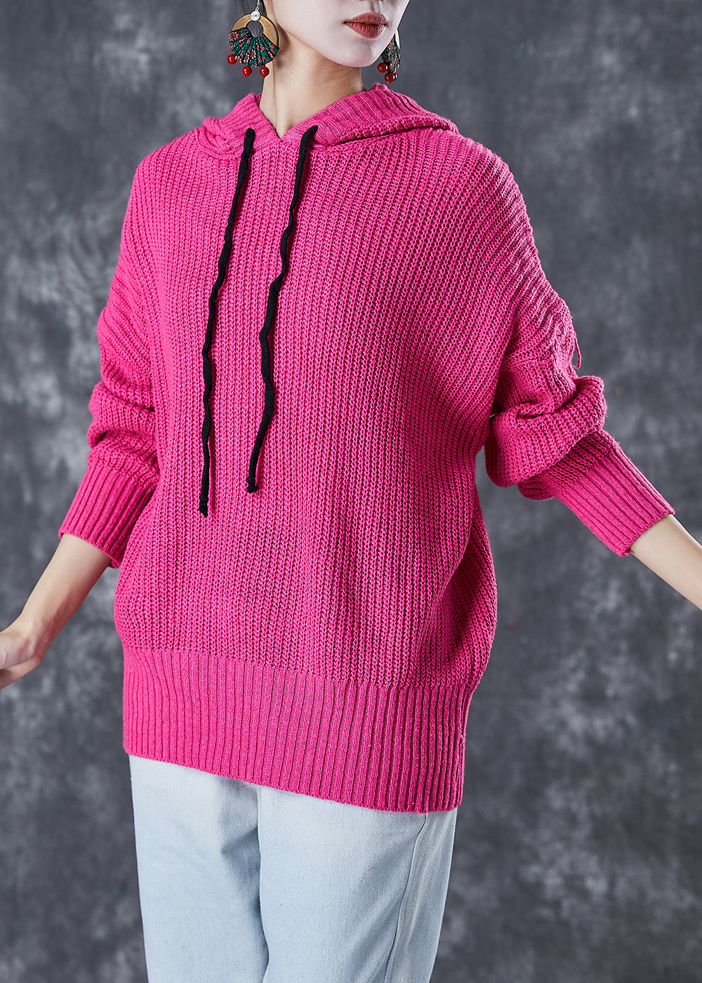 Rose Hooded Drawstring Knit Sweatshirts Tracksuits Fall